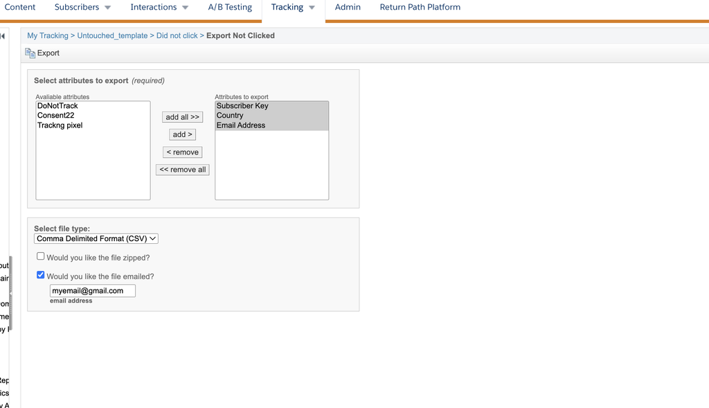 Export options for the tracking of a send in Email Studio