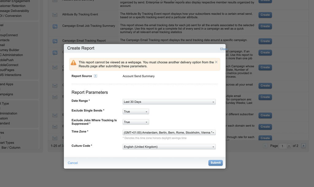 Account Send Summary report parameters in Analytics Builder