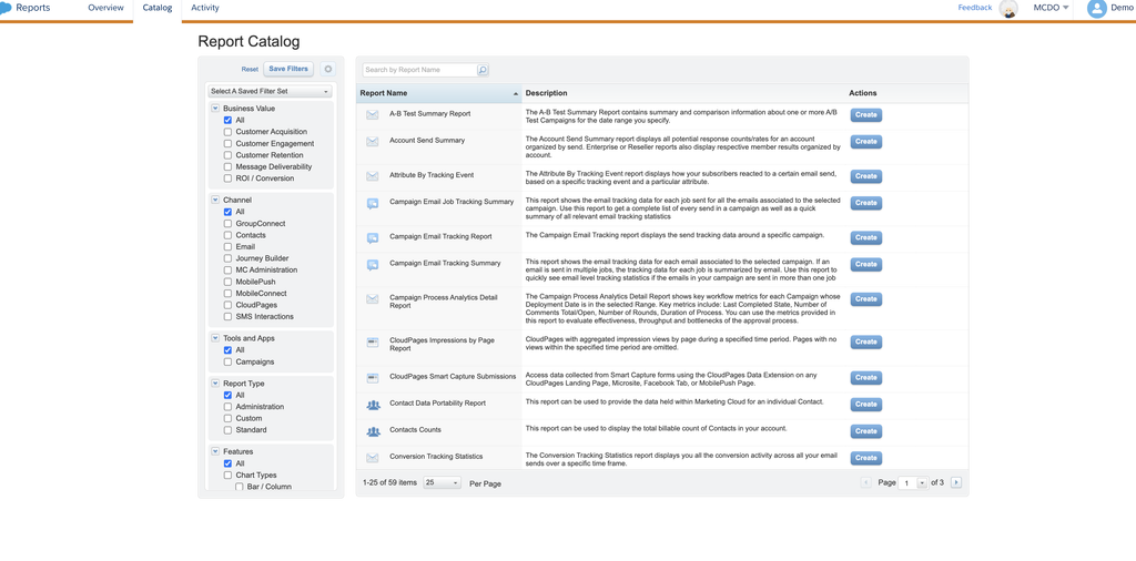 Catalogue des rapports standards avec filtres par canal et valeur métier