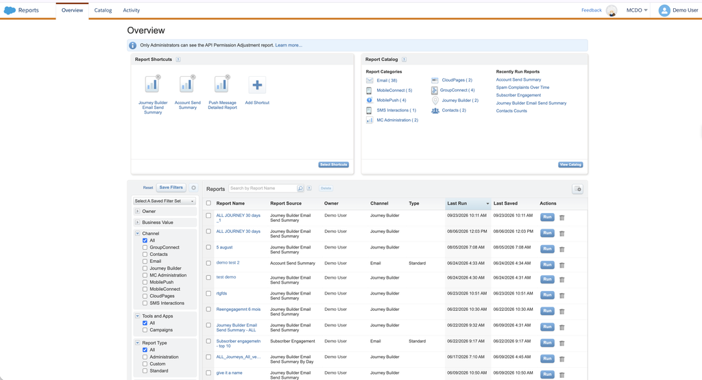 Standard reports Overview screen in Analytics Builder, Marketing Cloud Engagement