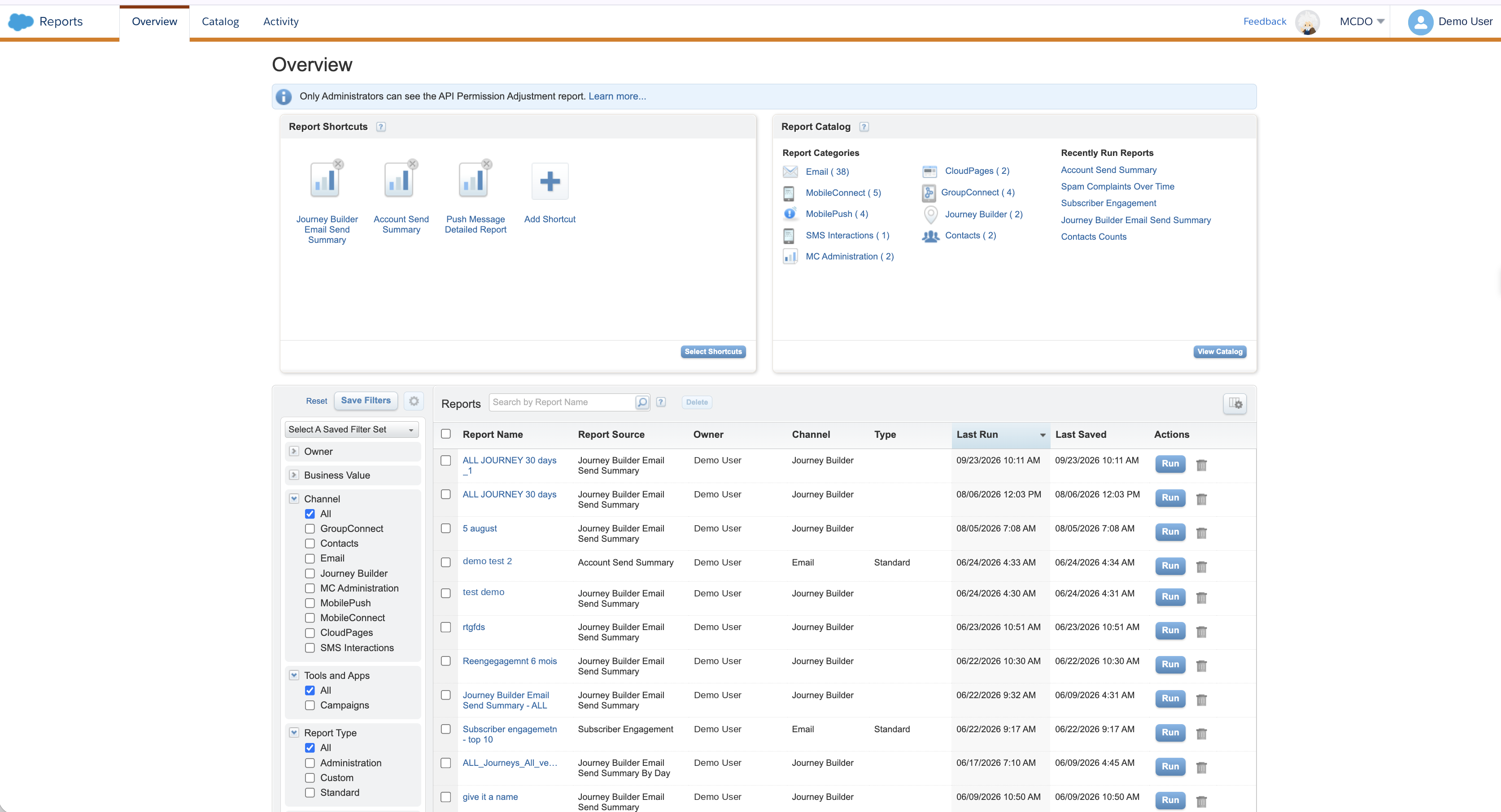 Écran Overview des rapports standards dans Analytics Builder, Marketing Cloud Engagement