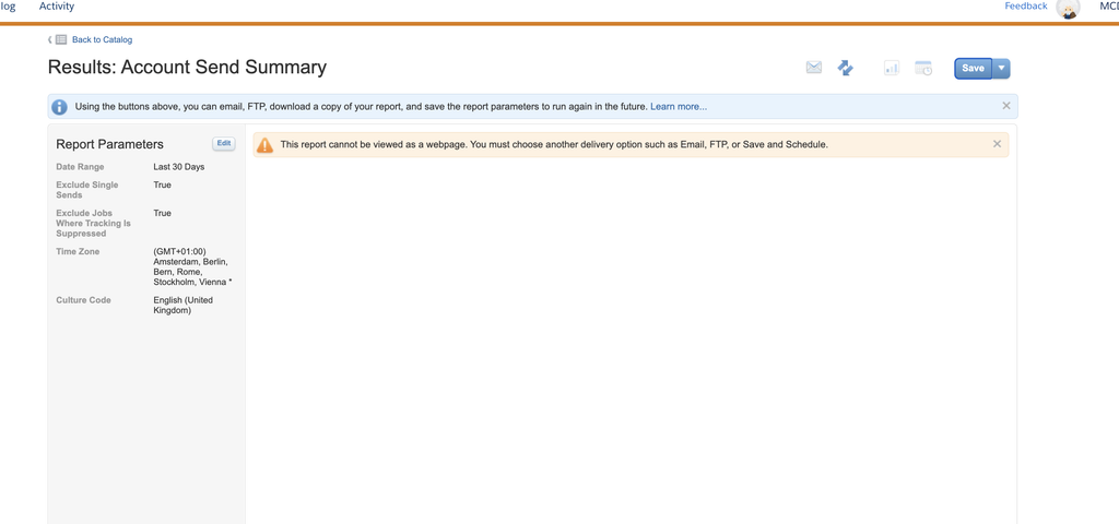 Account Send Summary results screen with delivery options