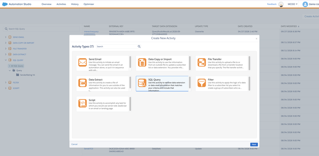 Choix du type d'activité SQL Query dans Automation Studio