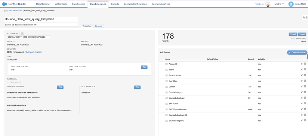 Data extension cible dans Contact Builder avec les champs, types et longueurs d'une copie de la Data View _Bounce