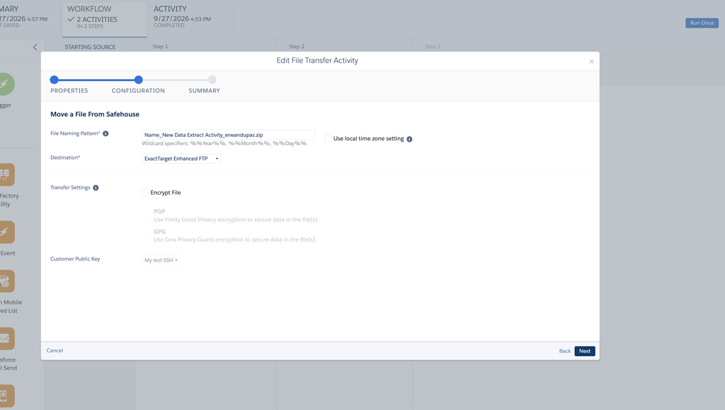 File Transfer activity configuration: file naming pattern, Enhanced FTP destination and encryption options