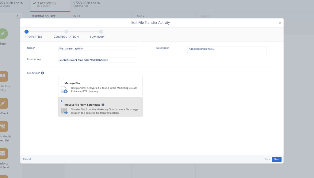 File Transfer activity properties with the Move a File From Safehouse action selected