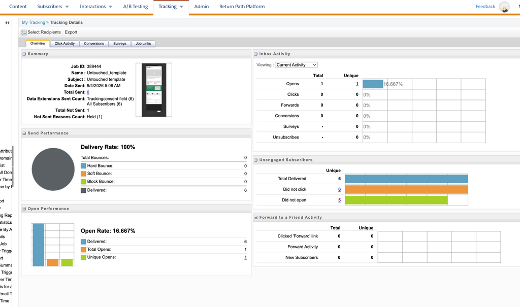 Écran Overview du Tracking d'un envoi dans Email Studio, Marketing Cloud Engagement