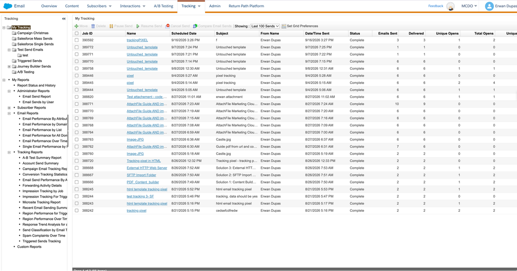 Liste des envois dans My Tracking, Email Studio, Marketing Cloud Engagement