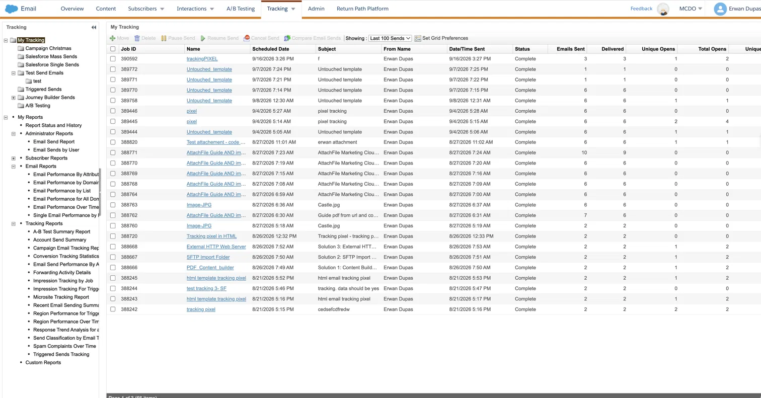 List of sends in My Tracking, Email Studio, Marketing Cloud Engagement
