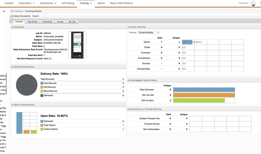 Overview screen of a send in Email Studio Tracking, Marketing Cloud Engagement