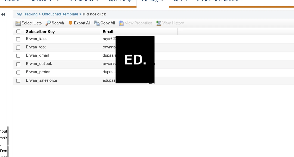 List of subscribers who did not click, with the Export All and Copy All buttons