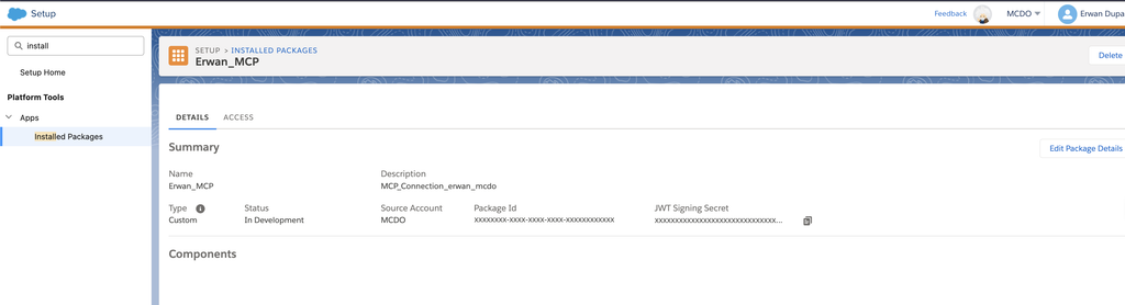Installed Package Erwan_MCP créé dans Setup de Salesforce Marketing Cloud Engagement