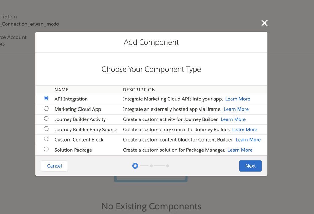 mce-mcp-claude-02-add-component-api-integration.png ALT : Choix du composant API Integration dans un Installed Package Marketing Cloud