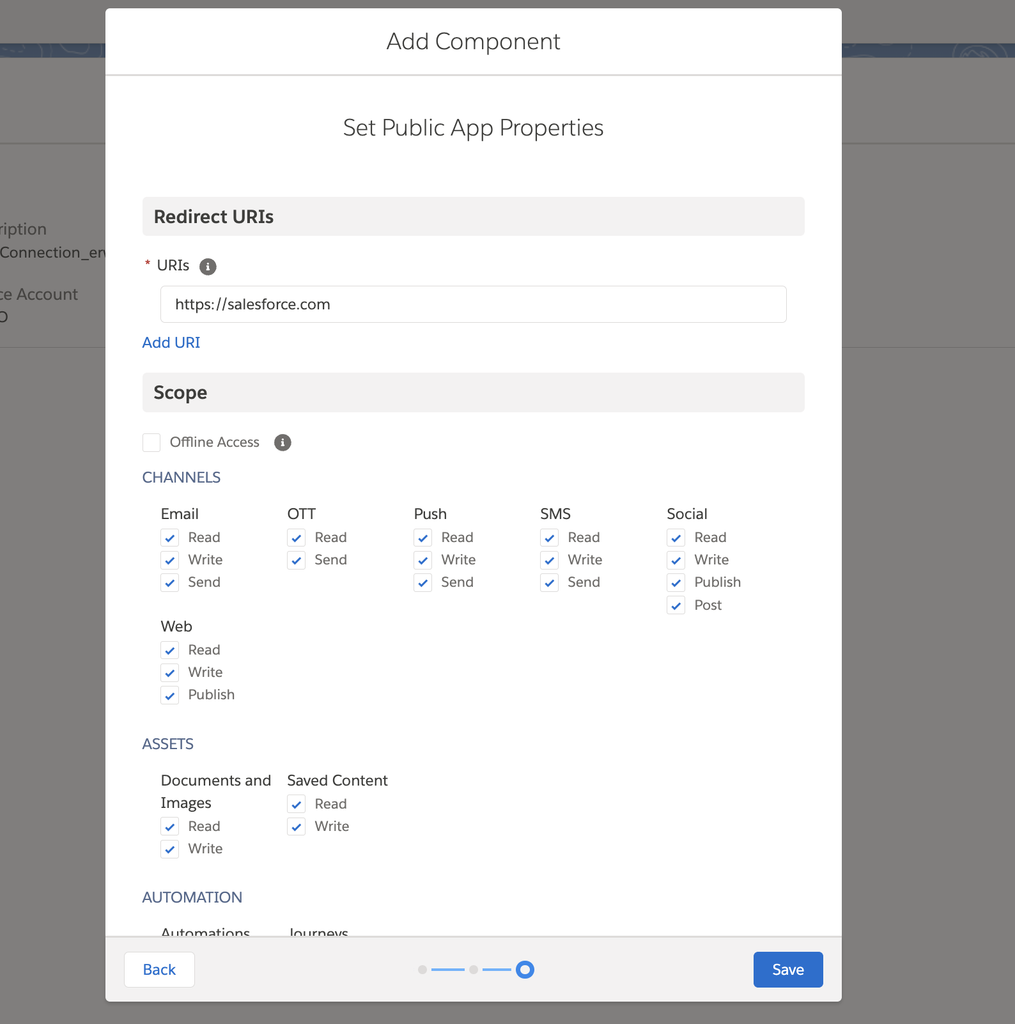 Public App properties with the temporary Redirect URI and the MCP server scopes