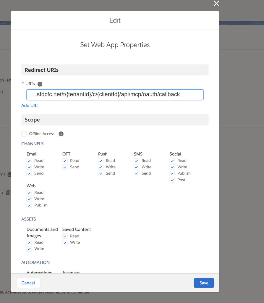 Public App Redirect URI replaced with the Marketing Cloud MCP server callback URL