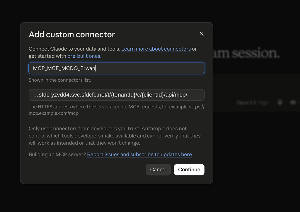 Ajout d'un connecteur personnalisé dans Claude avec l'URL du serveur MCP Marketing Cloud Engagement
