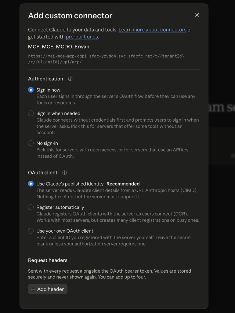 Authentication and OAuth client options of the Claude custom connector for the Marketing Cloud MCP