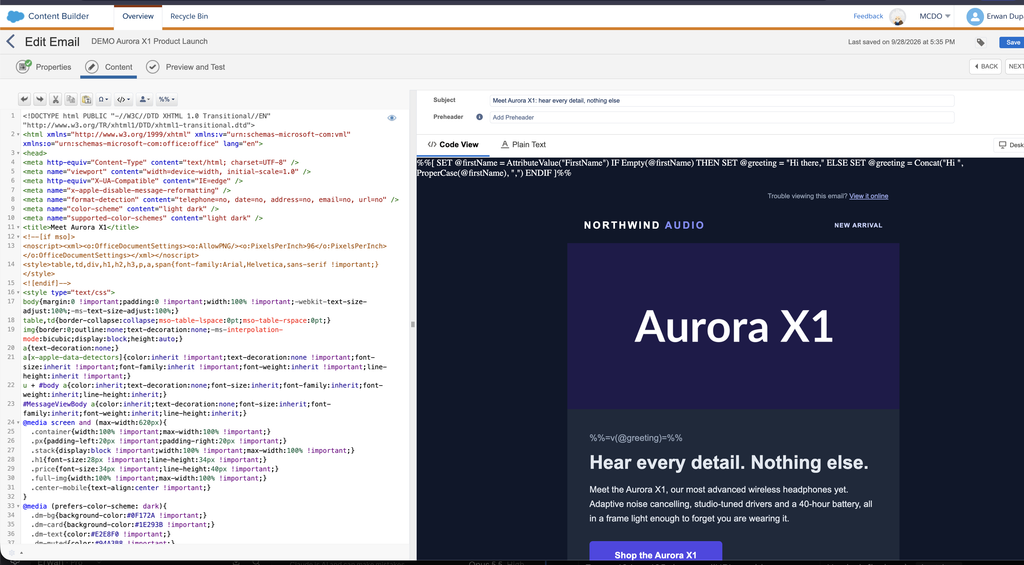 Aurora X1 demo email created by Claude in Marketing Cloud Engagement Content Builder