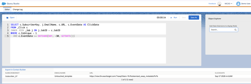 Result of the query on clicks from the last 30 days in Query Studio