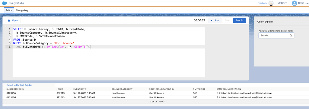 Hard bounce details with SMTP code and server message in Query Studio