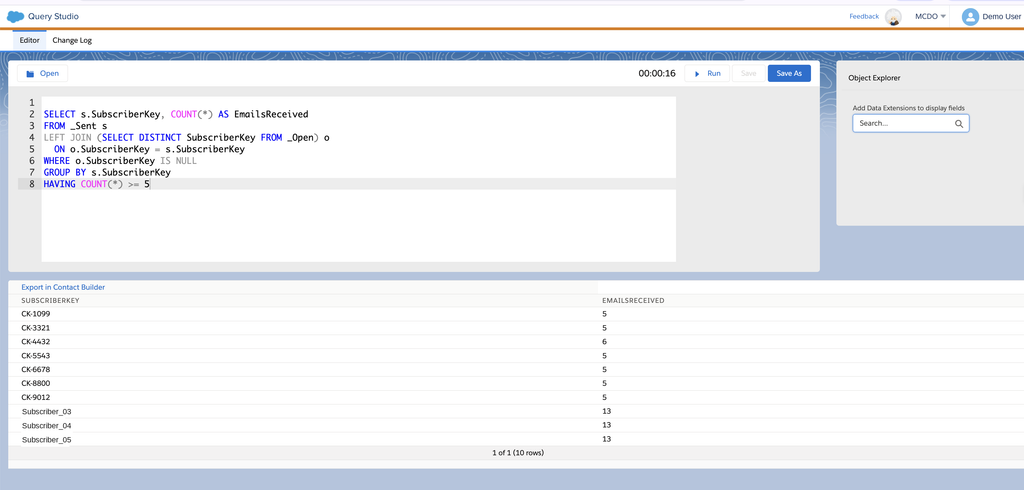 Inactive subscribers who received at least five emails without opening, in Query Studio