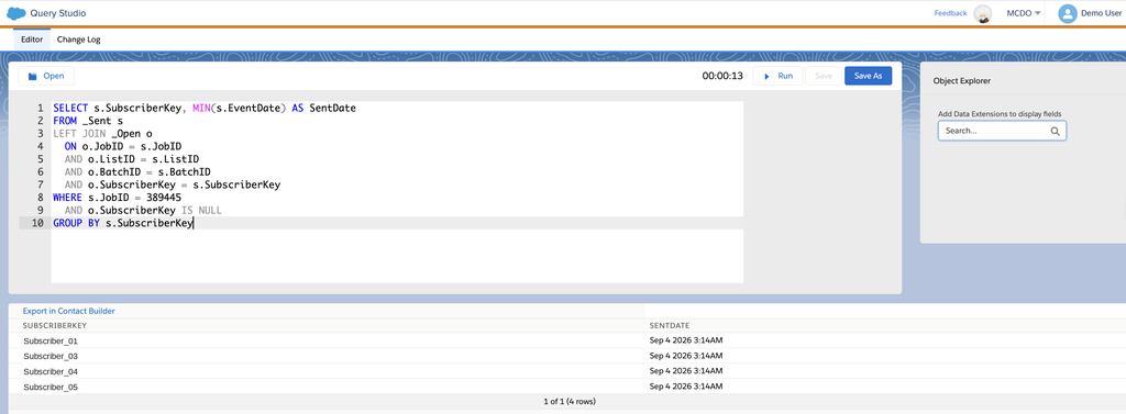 Requête SQL sur les Data Views _Sent et _Open exécutée dans Query Studio, avec le résultat affiché sous l'éditeur