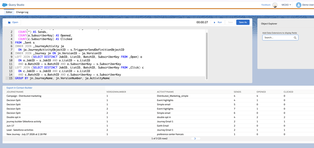 Performance des emails de journey par version dans Query Studio : envois, ouvertures et clics