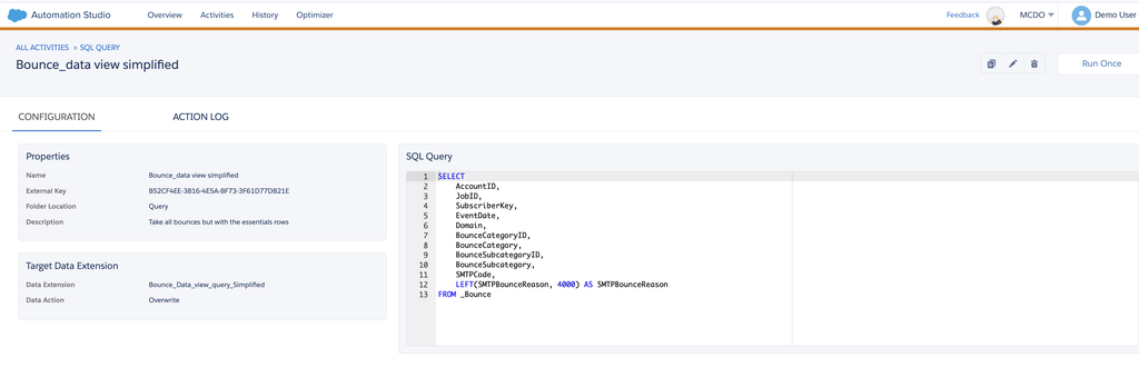 SQL Query activity page with the Run Once button and the Action Log tab