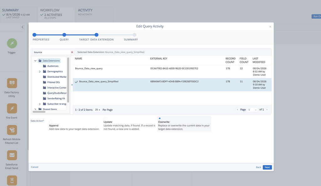 Choix de la data extension cible et du mode Append, Update ou Overwrite