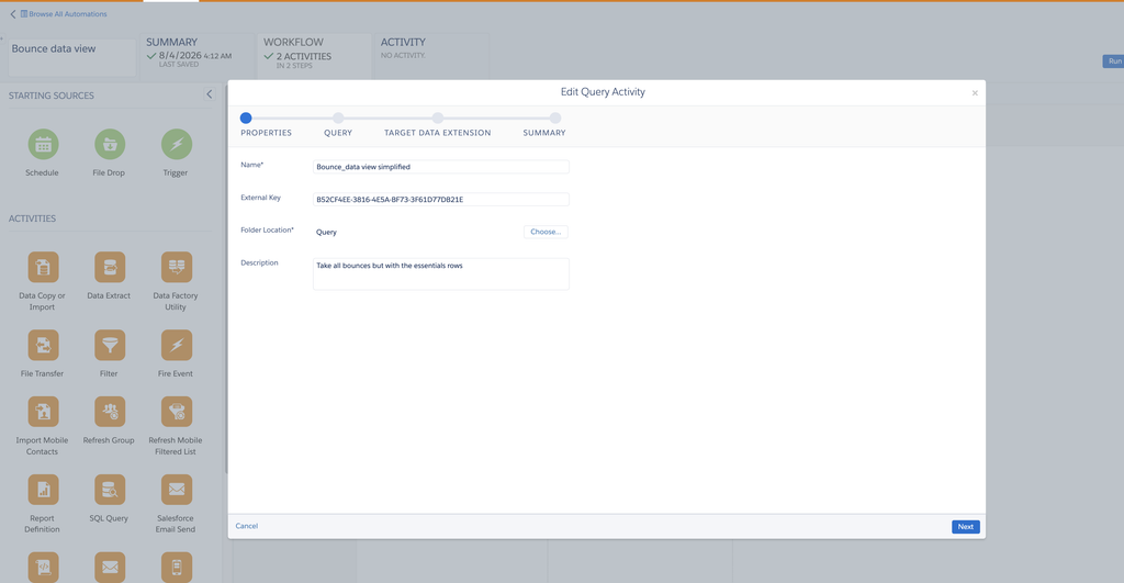 SQL Query activity properties: name, external key, folder and description