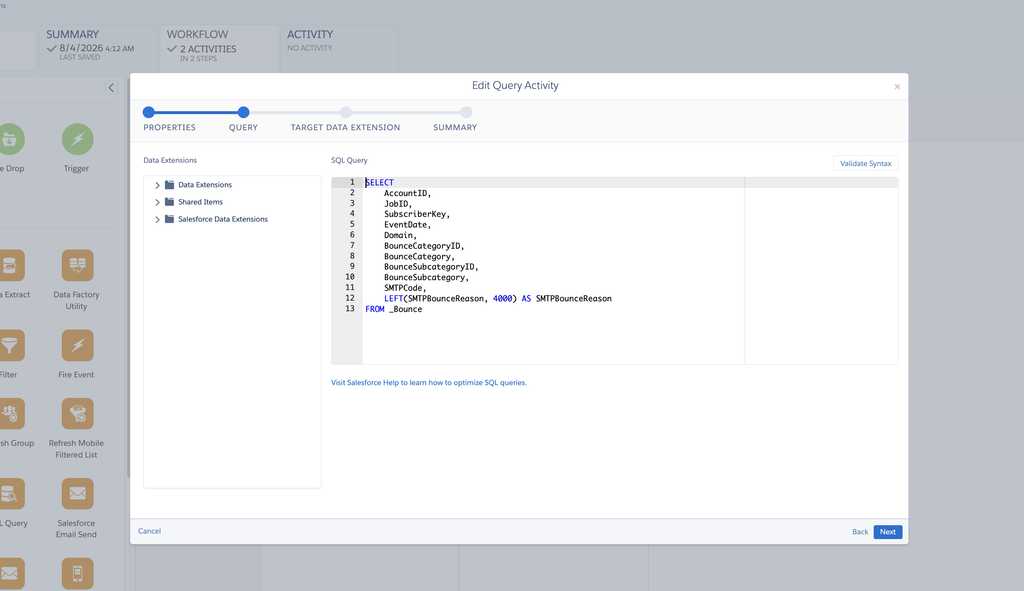 SQL editor of a SQL Query activity with the Validate Syntax button