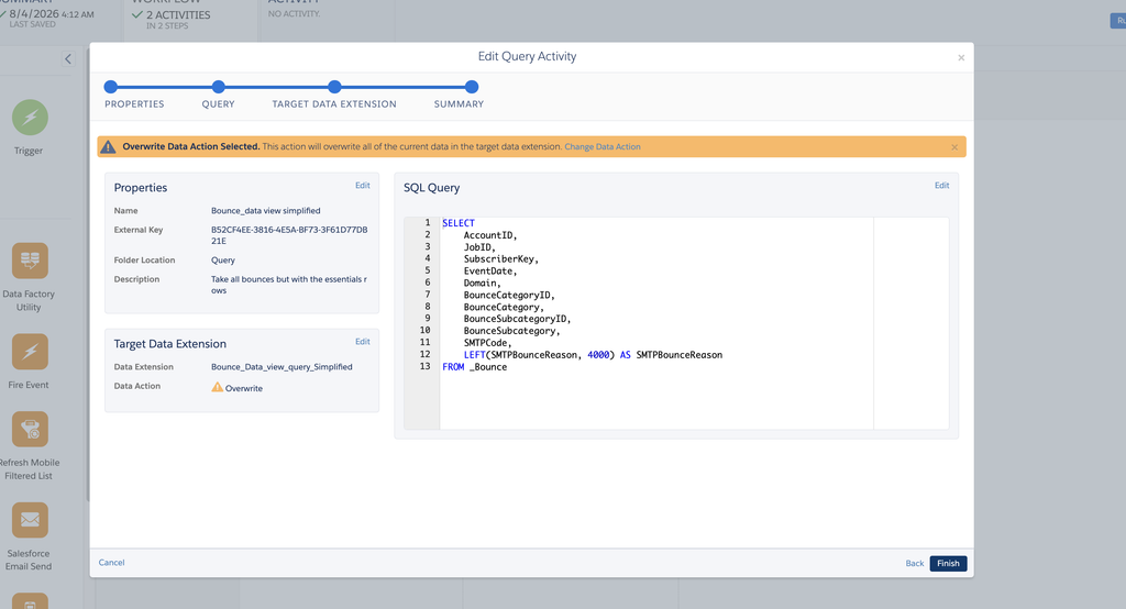 SQL Query activity summary with the Overwrite warning