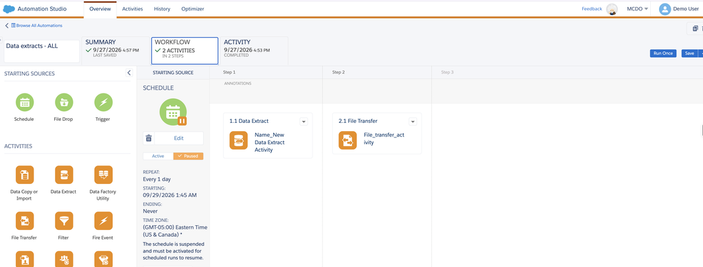 Daily scheduled automation with a Data Extract activity in step 1 and a File Transfer activity in step 2