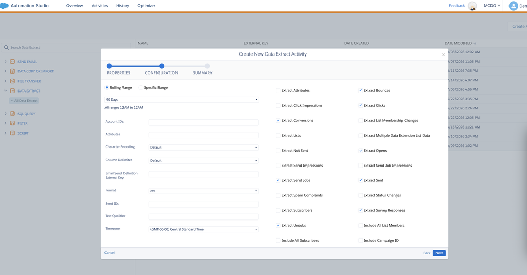 Tracking Extract configuration screen in Automation Studio: period, file settings and checkboxes for the files to export