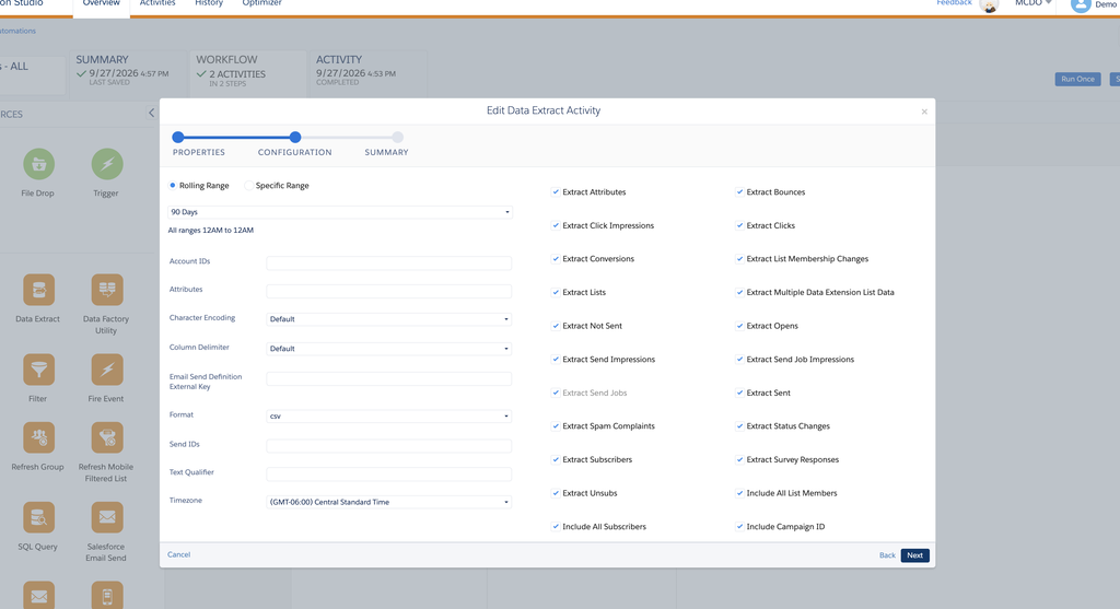 All the Tracking Extract checkboxes: Extract Attributes, Bounces, Clicks, Opens, Sent, Unsubs and Include options