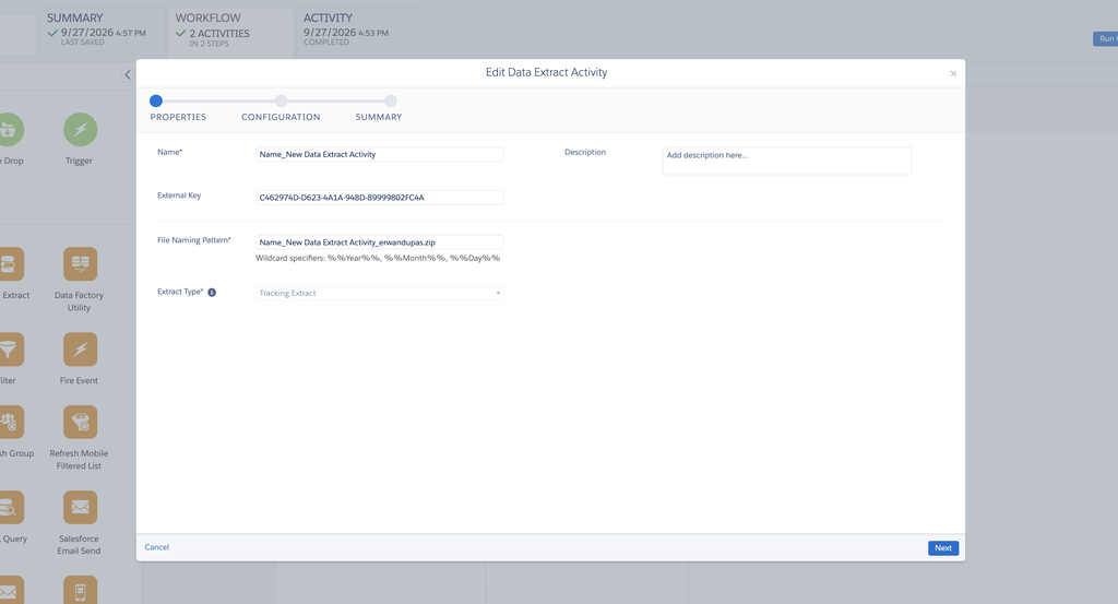 Data Extract activity properties: name, external key, .zip file naming pattern and Tracking Extract type