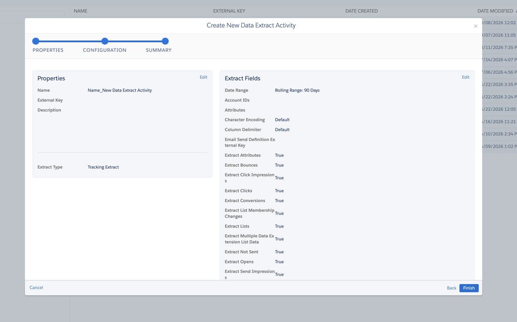 Summary of a Tracking Extract Data Extract activity with the period and the selected files